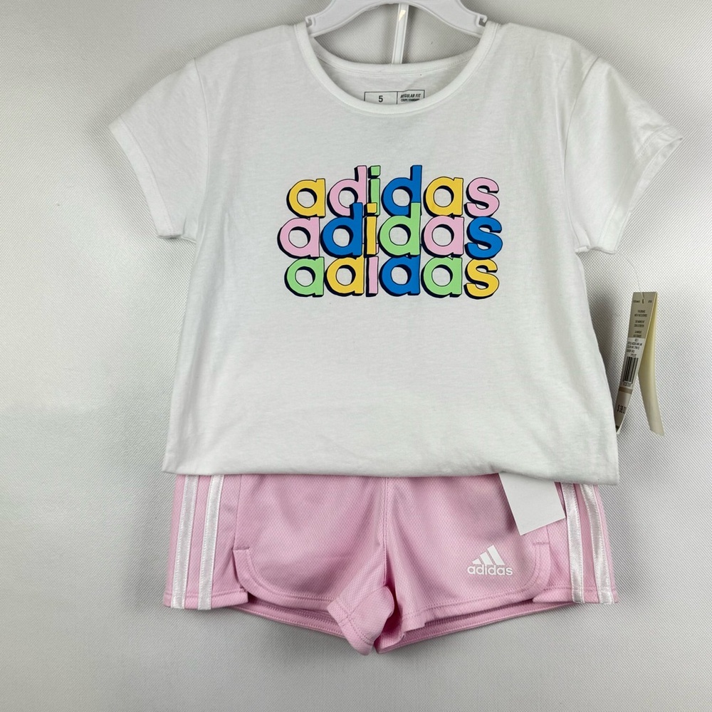 Adidas Multicolor Logo Tee and Pink Shorts set girls size 5. New with tags